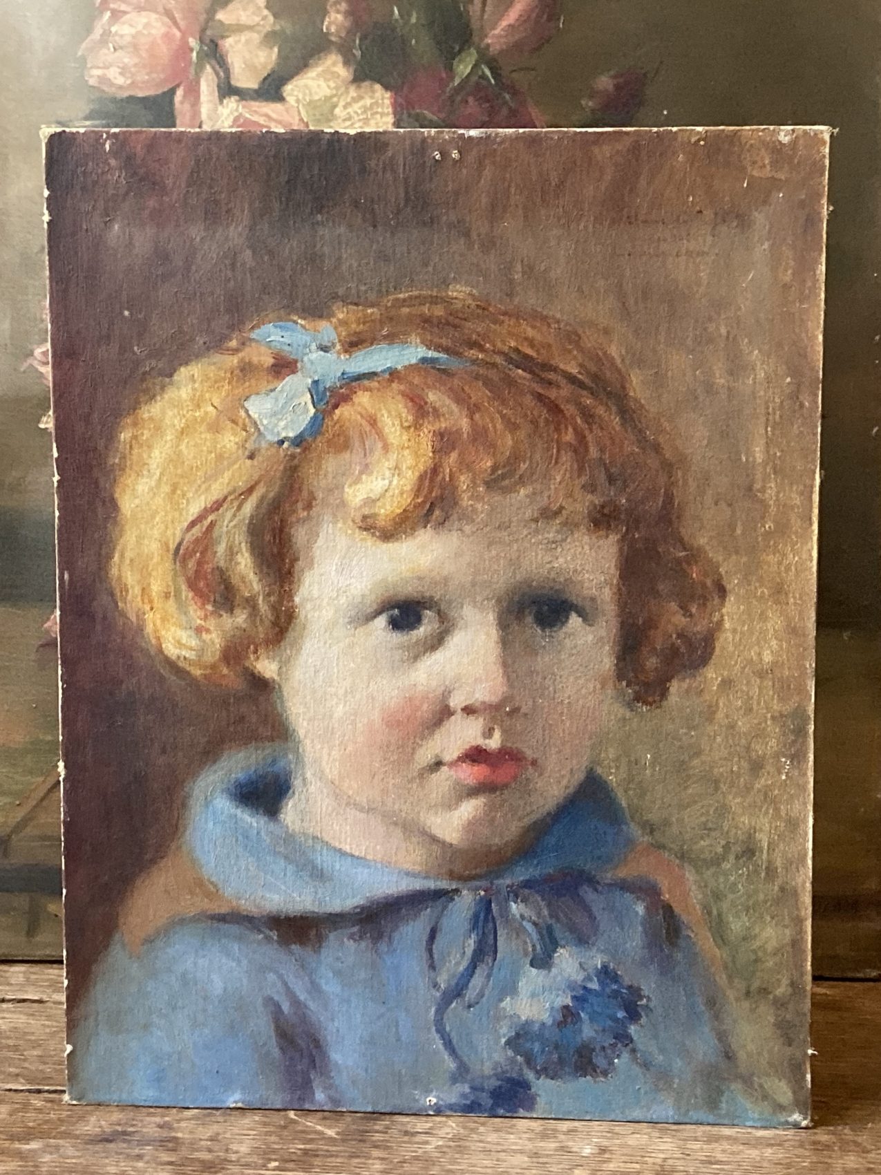 Tableau ancien peinture à l’huile - Epoque Art Déco - 1922 - Signé Morin - Portrait de l’enfance