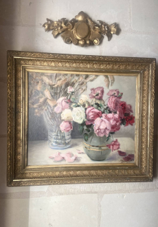 Grand tableau ancien – 60 x 70 – Peinture à l’huile – Bouquet de roses