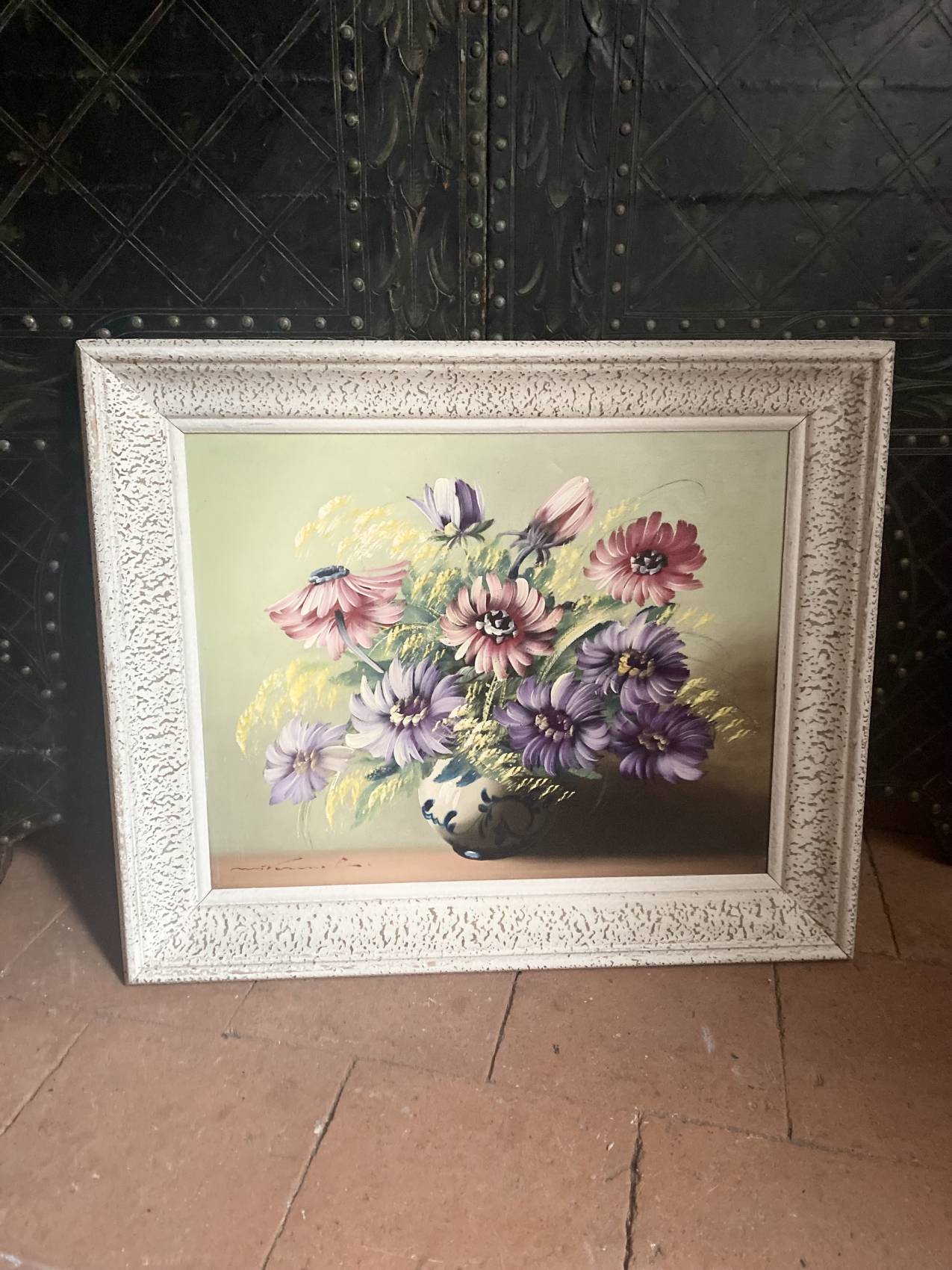 Tableau années 50 – huile sur toile – nature morte aux fleurs stylisée 50X60