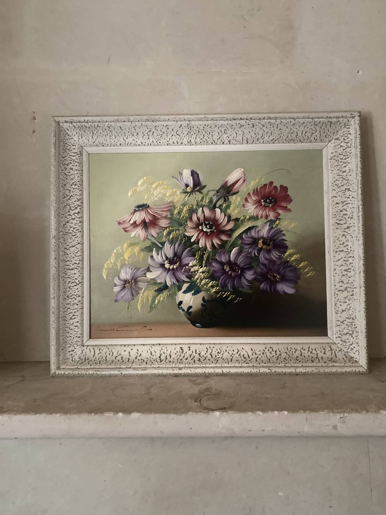 Tableau années 50 – huile sur toile – nature morte aux fleurs stylisée 50X60