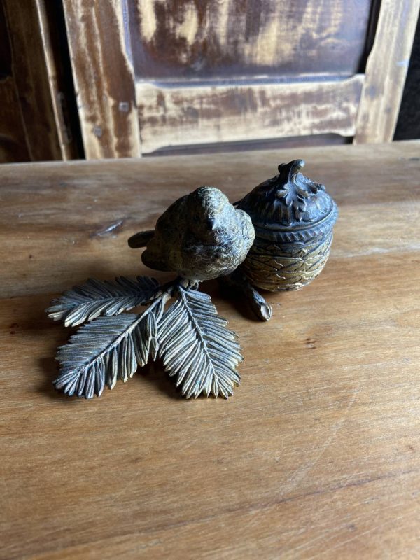 Sculpture en bronze ancien -Époque  XIXe - encrier à l’oiseau moineau - – Image 10