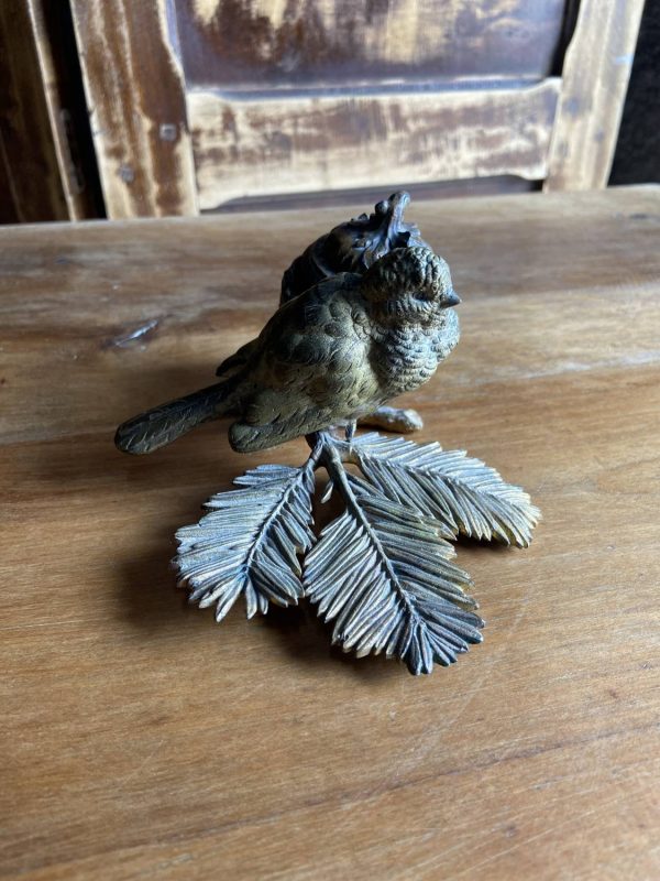Sculpture en bronze ancien -Époque  XIXe - encrier à l’oiseau moineau - – Image 12