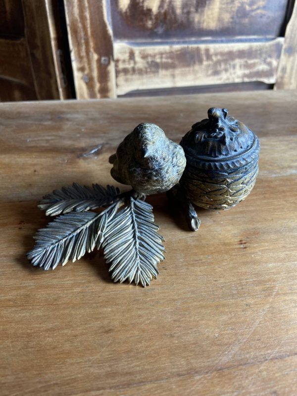Sculpture en bronze ancien -Époque  XIXe - encrier à l’oiseau moineau - – Image 6