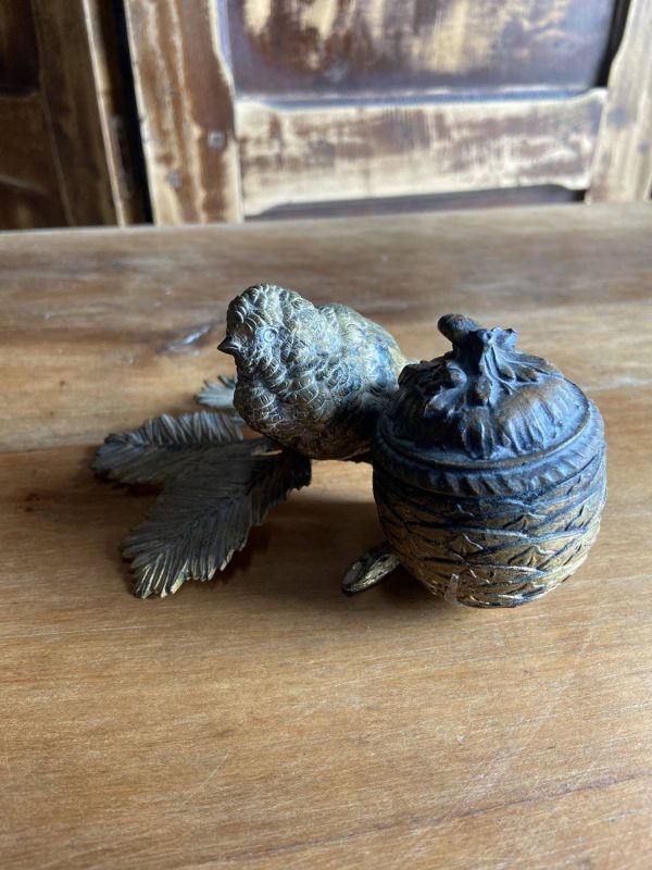 Sculpture en bronze ancien -Époque  XIXe - encrier à l’oiseau moineau - – Image 11