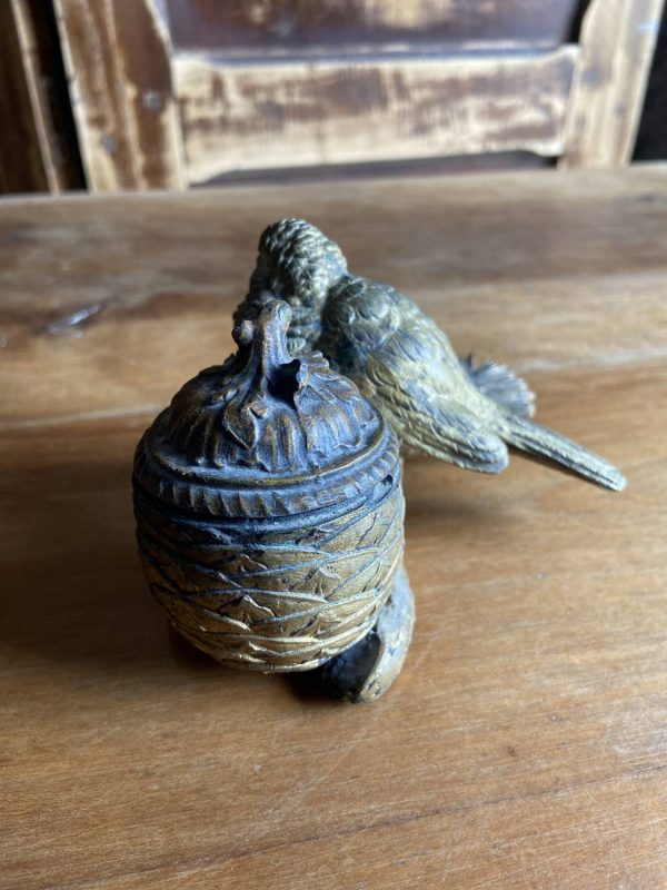 Sculpture en bronze ancien -Époque  XIXe - encrier à l’oiseau moineau - – Image 9