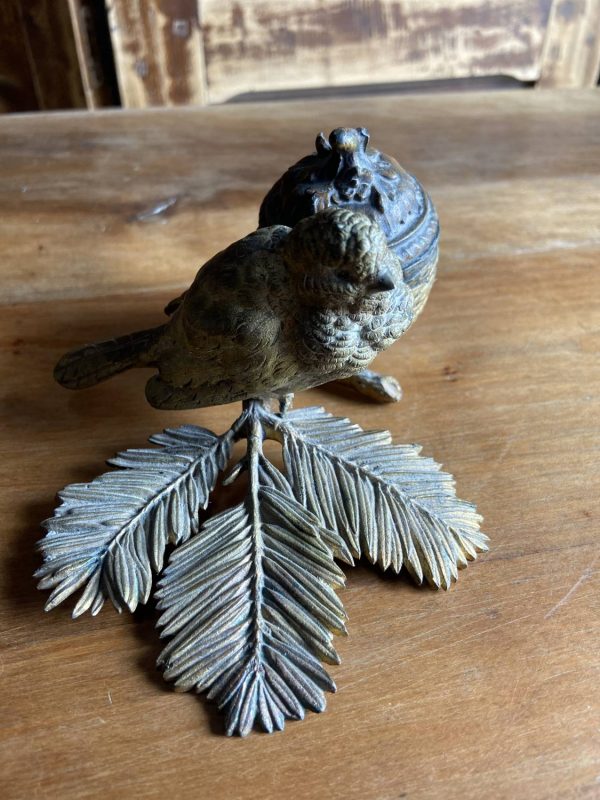 Sculpture en bronze ancien -Époque  XIXe - encrier à l’oiseau moineau - – Image 7