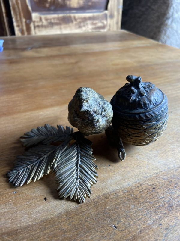 Sculpture en bronze ancien -Époque  XIXe - encrier à l’oiseau moineau - – Image 8