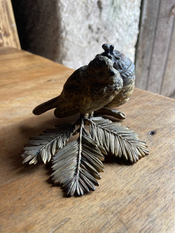 Sculpture en bronze ancien -Époque  XIXe - encrier à l’oiseau moineau - – Image 4