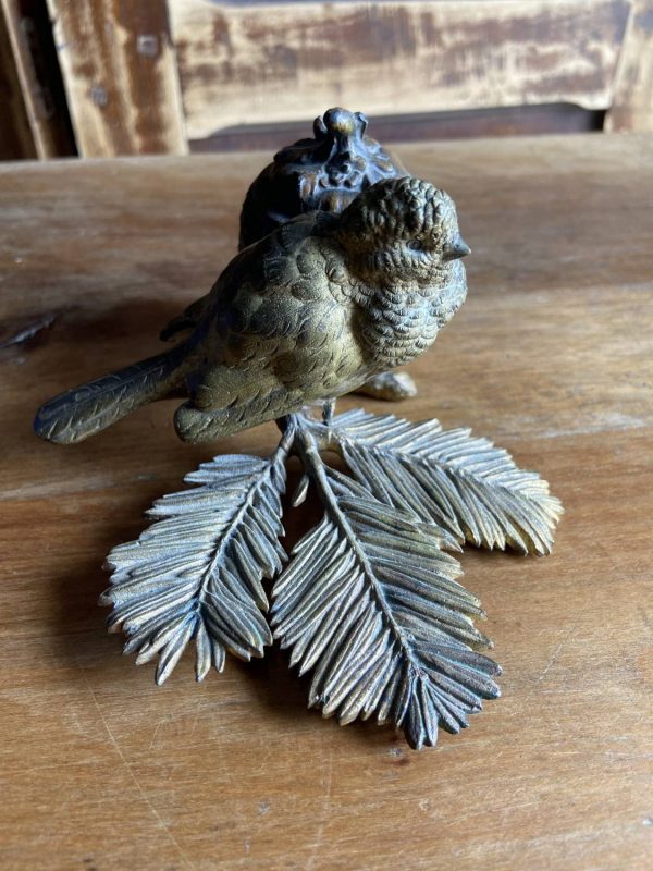 Sculpture en bronze ancien -Époque  XIXe - encrier à l’oiseau moineau - – Image 3