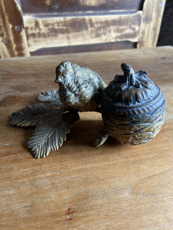 Sculpture en bronze ancien -Époque  XIXe - encrier à l’oiseau moineau - – Image 2