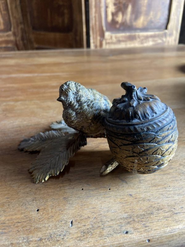 Sculpture en bronze ancien -Époque  XIXe - encrier à l’oiseau moineau - – Image 22