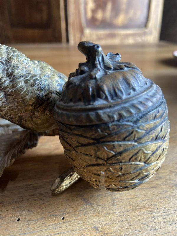 Sculpture en bronze ancien -Époque  XIXe - encrier à l’oiseau moineau - – Image 20