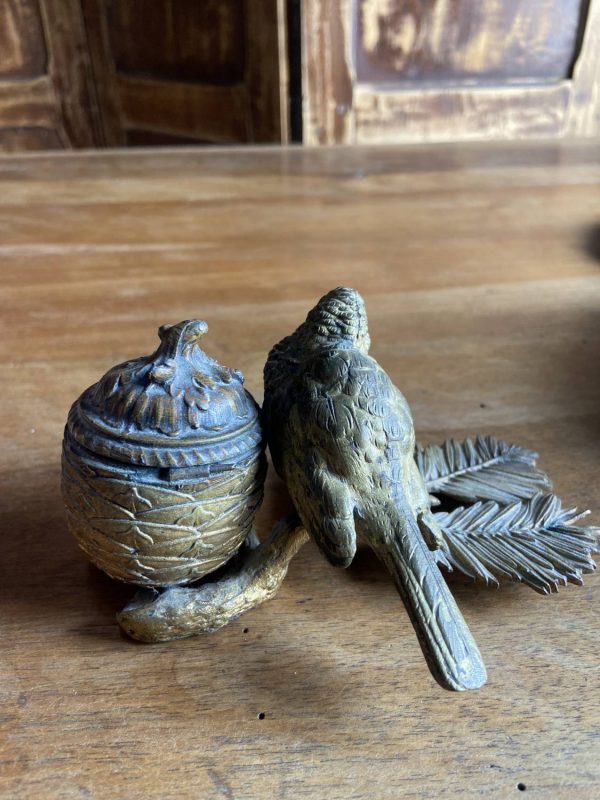 Sculpture en bronze ancien -Époque  XIXe - encrier à l’oiseau moineau - – Image 18