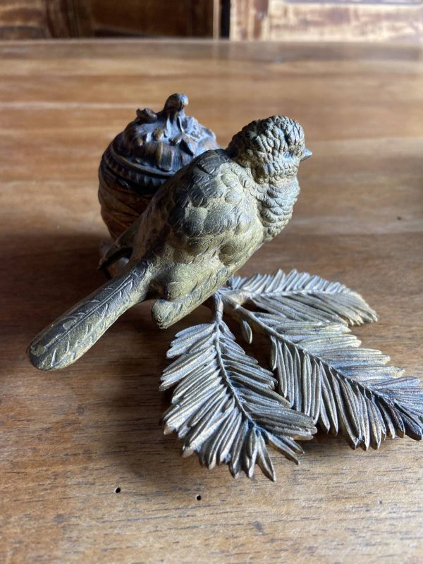 Sculpture en bronze ancien -Époque  XIXe - encrier à l’oiseau moineau - – Image 19