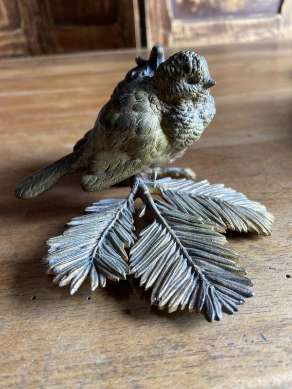 Sculpture en bronze ancien -Époque  XIXe - encrier à l’oiseau moineau -