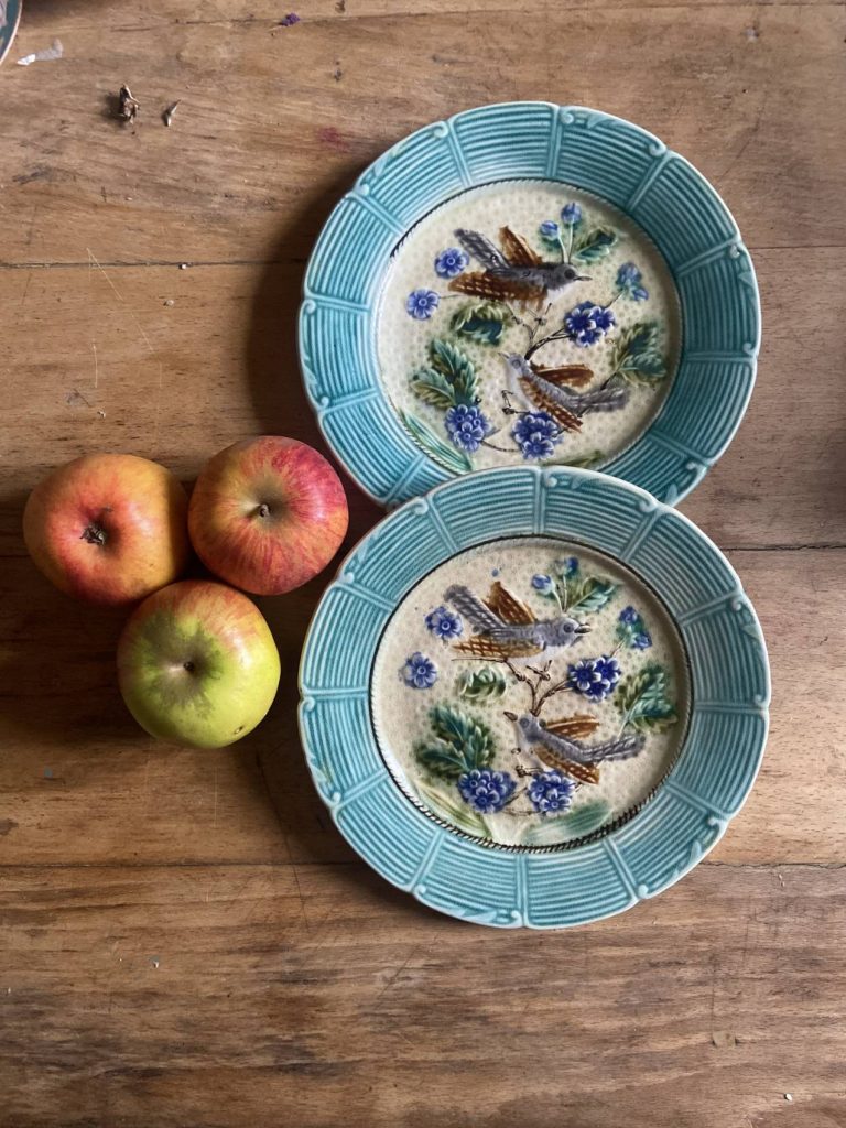Une paire d'assiettes en faïence barbotine à motif d'oiseaux, époque 1900