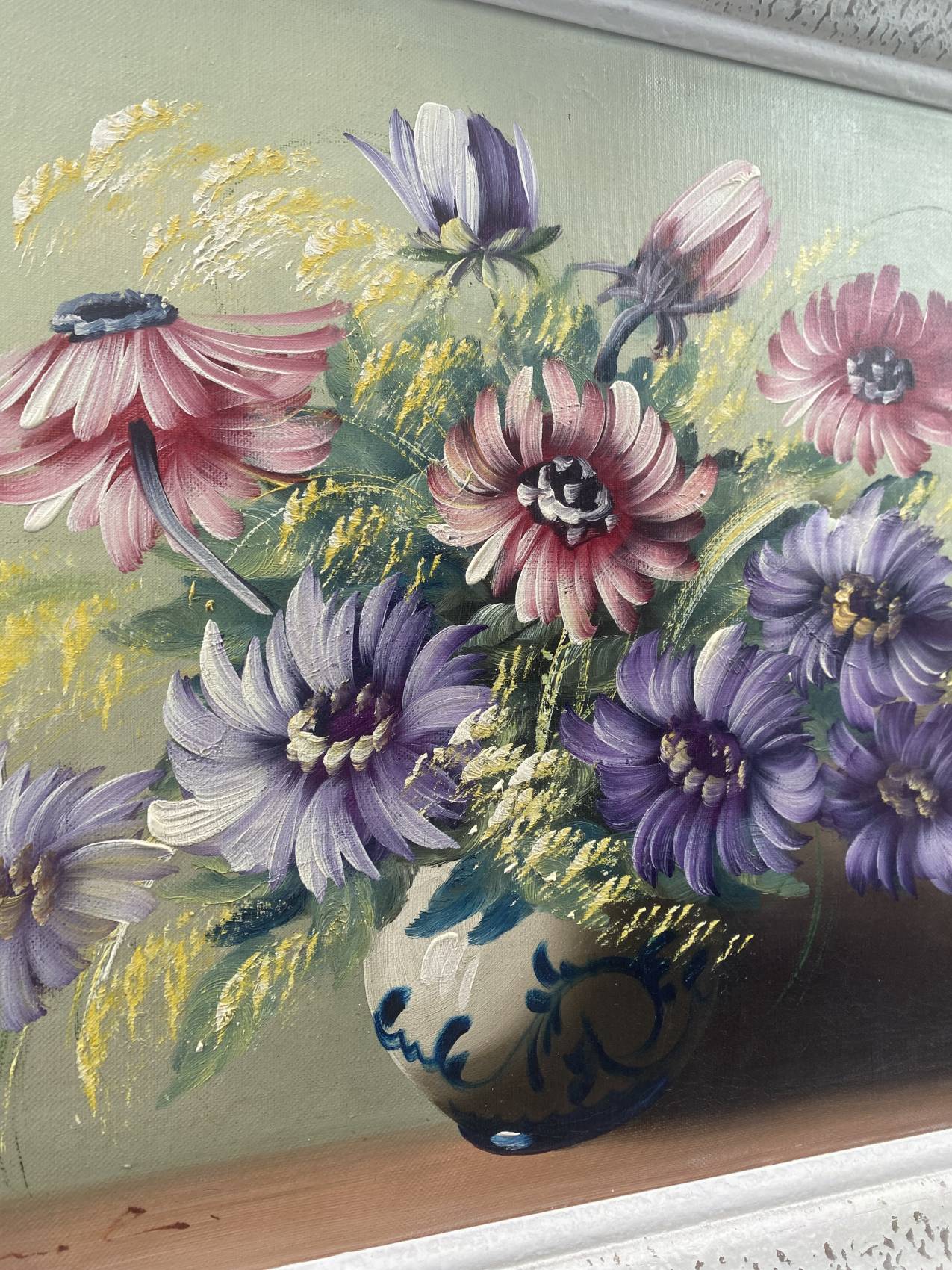 Tableau années 50 – huile sur toile – nature morte aux fleurs stylisée 60 x 50 – Image 5