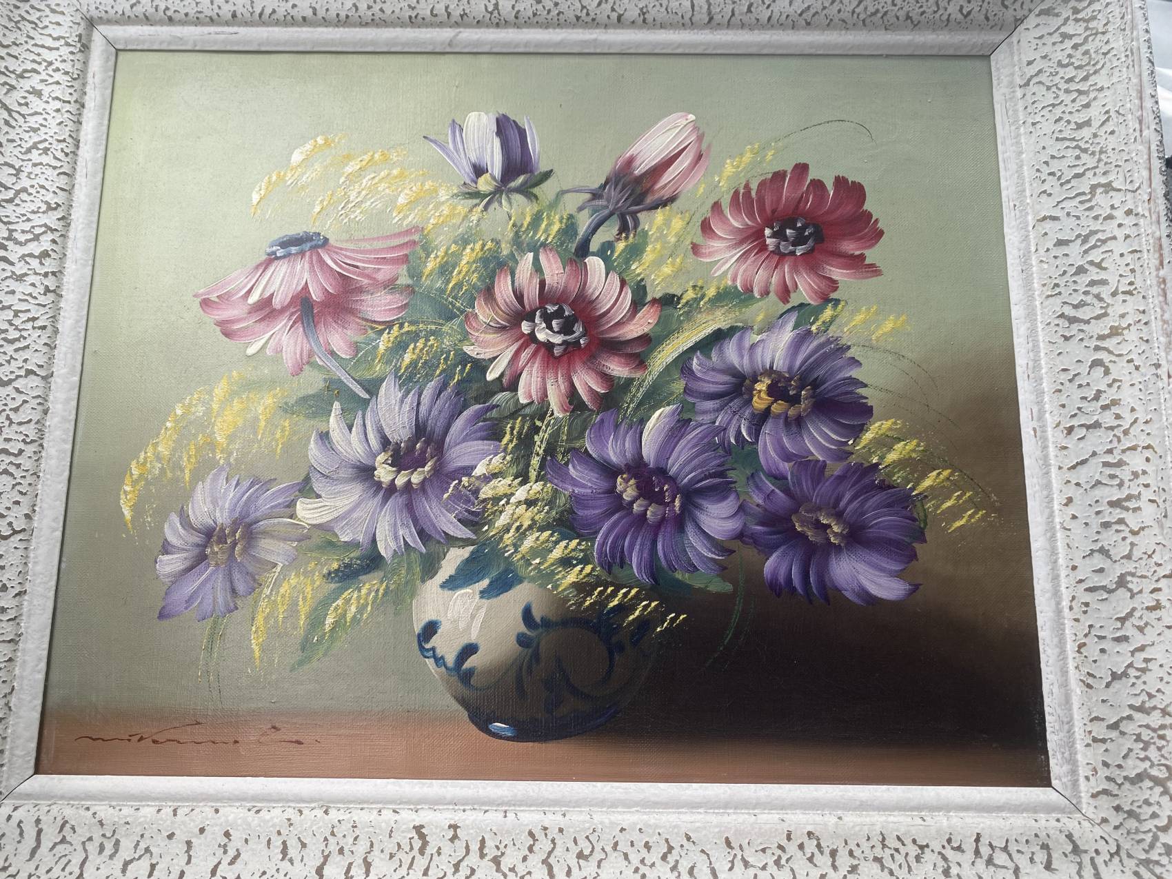 Tableau années 50 – huile sur toile – nature morte aux fleurs stylisée 60 x 50 – Image 2