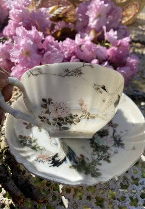 Duo de tasses à thé en porcelaine fine japonaise – grues et pivoines