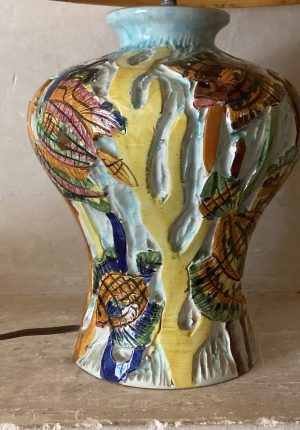 Lampe en céramique émaillée signée Claude Pruffer – Vallauris, décor marin, années 60