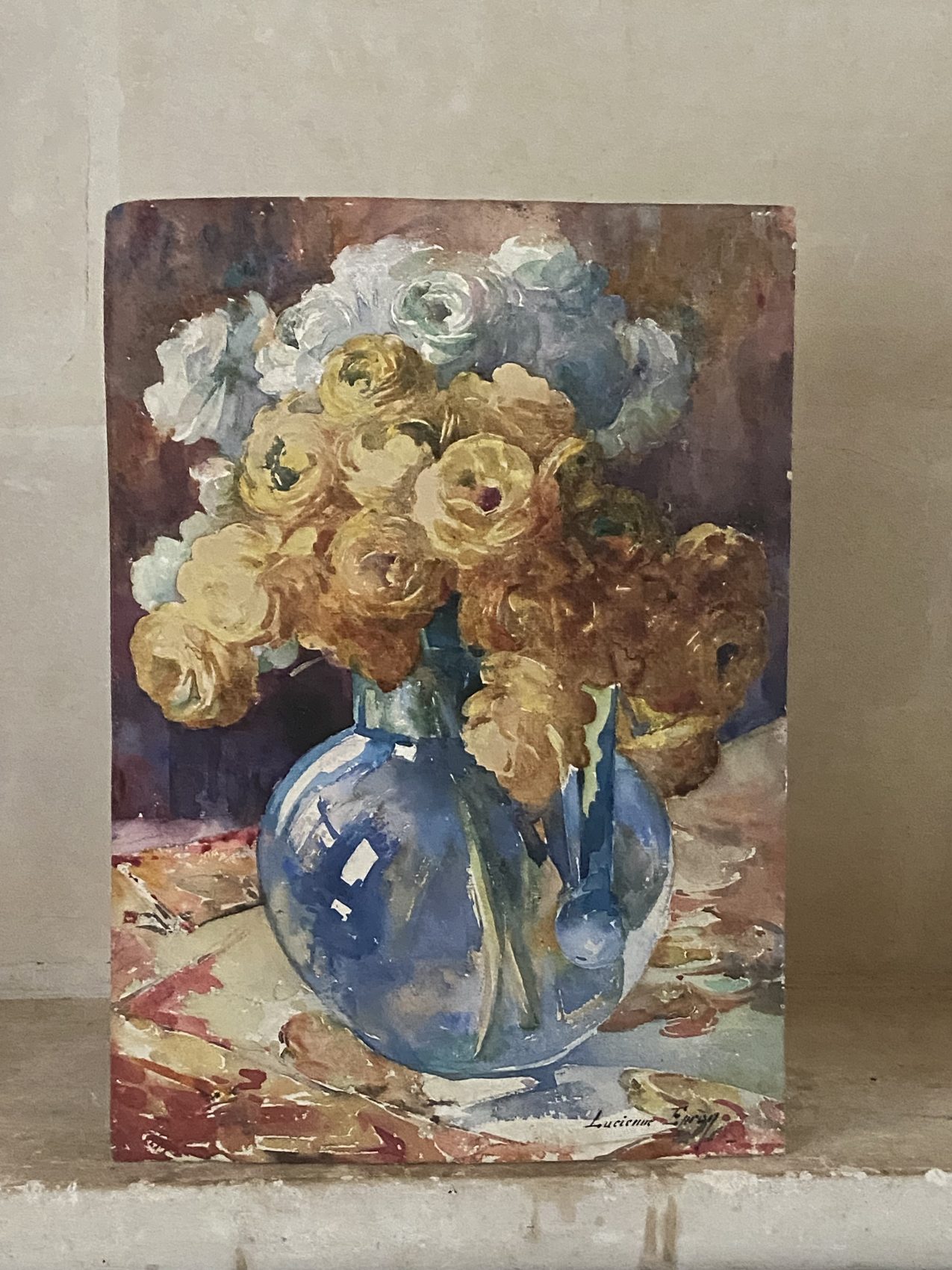 Aquarelle sur carton “Bouquet au vase transparent” – Lucienne Epron (1876-1947) Epoque Art Deco – Image 6