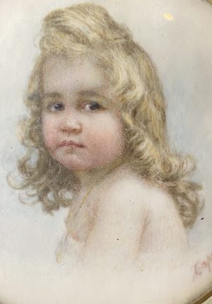 Petit tableau en médaillon, peinture miniature portrait d’enfant époque 1900