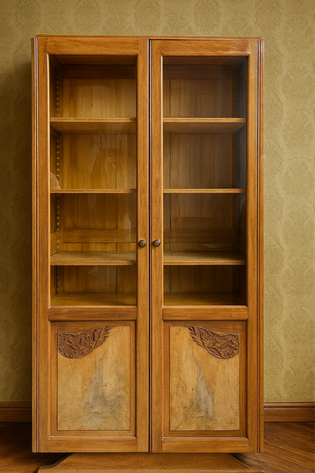 Petite armoire - Bibliothèque Époque art deco en bois clair aux vitres biseautées