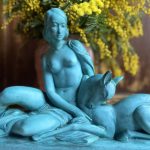 Sculpture Epoque Art Déco signée R. Polin – Diane chasseresse Terre cuite patinée turquoise