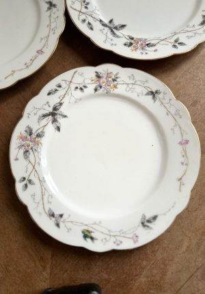 Série de 12 petites assiettes plates anciennes en porcelaine française début 1900, décor bucolique et liseré or
