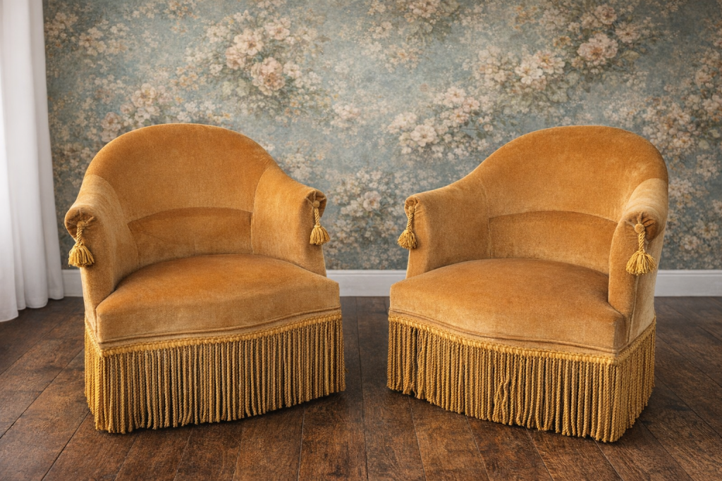 Paire de fauteuils crapauds vintage velours, jaune soleil Prix de vente de 298 euros Livraison partout en France 70 euros