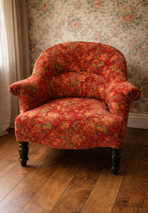 Fauteuil crapaud Napoléon III – ancien tapissé en méthode traditionnelle – Tissu fleuri rouge