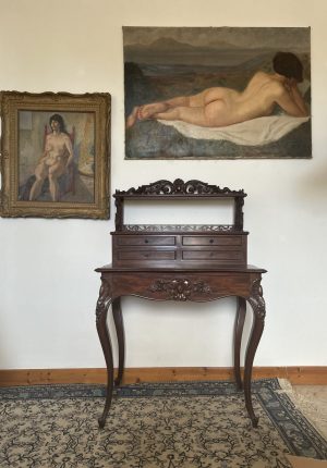 Meuble Bonheur du jour ancien en acajou flammé – Époque Napoléon III, style Louis XV