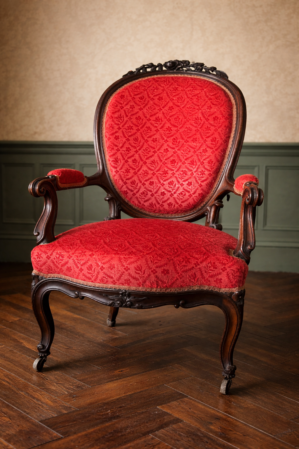 Fauteuil médaillon Napoléon III en bois sculpté et velours  rouge et acajou  Prix de vente de 225 euros  Livraison partout en France 80 euros 