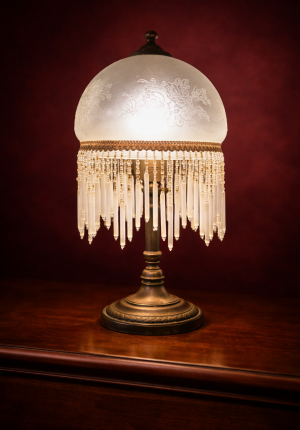 Petite lampe blanche charleston ancienne en verre et perles