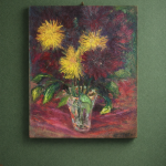 Tableau ancien années 50 – huile sur panneau bois – bouquet de chrysanthèmes 60 X45 Prix de vente de 75 euros  Livraison au choix partout en France