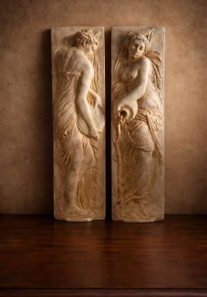Paire de panneaux muraux en plâtre sculpté décoratif – duo féminin à l’antique 