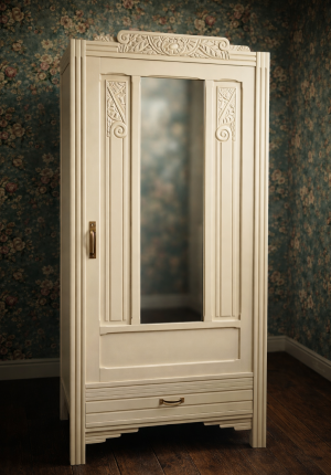 Armoire parisienne époque art déco en chêne massif avec miroir- Patine à l'ancienne blanche 