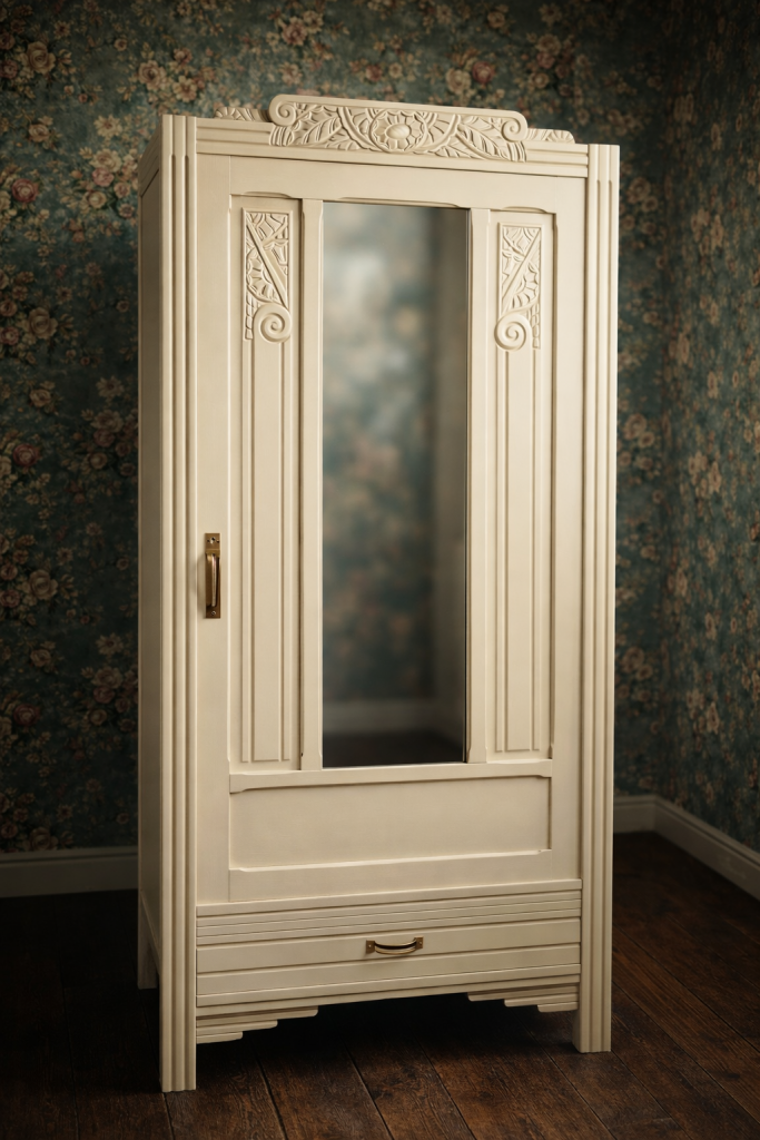 Armoire parisienne époque art déco en chêne massif avec miroir- Patine à l'ancienne blanche