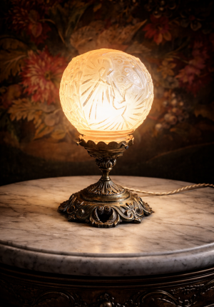Lampe Art déco signée Muller Frères en pâte de verre – globe beige rosé à motif d'oiseaux Prix : 396 €