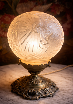 Lampe Art déco signée Muller Frères en pâte de verre – globe beige rosé à motif d'oiseaux Prix : 396 €