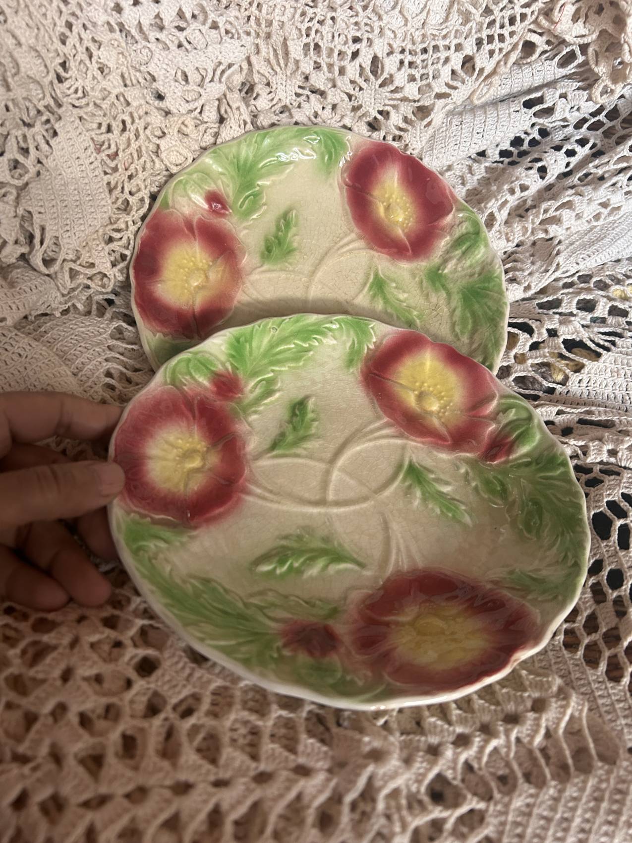Duo d’assiettes plates en faïence barbotine aux anémones – Époque 1900 – Attribuées à Onnaing – Image 19