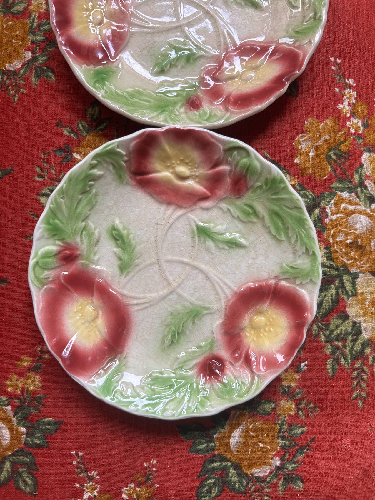 Duo d’assiettes plates en faïence barbotine aux anémones – Époque 1900 – Attribuées à Onnaing – Image 18
