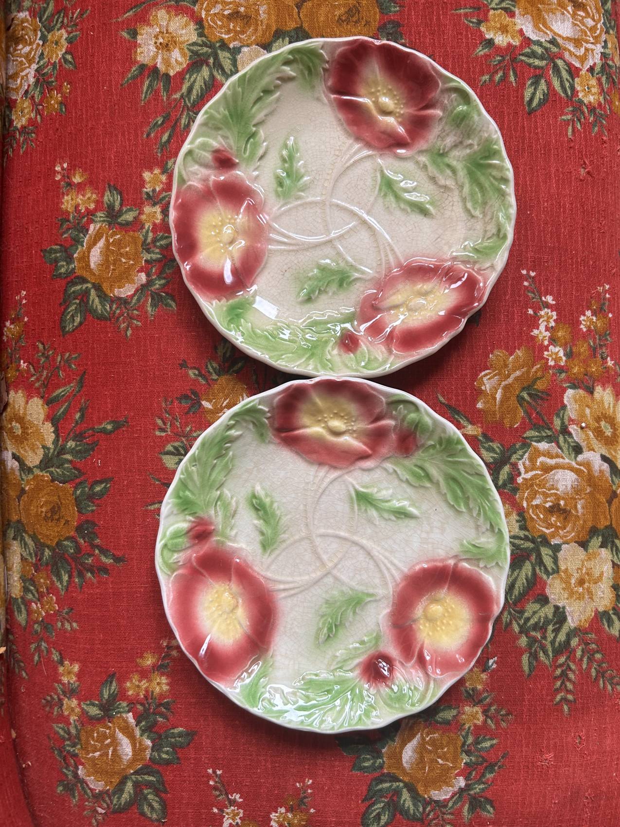 Duo d’assiettes plates en faïence barbotine aux anémones – Époque 1900 – Attribuées à Onnaing