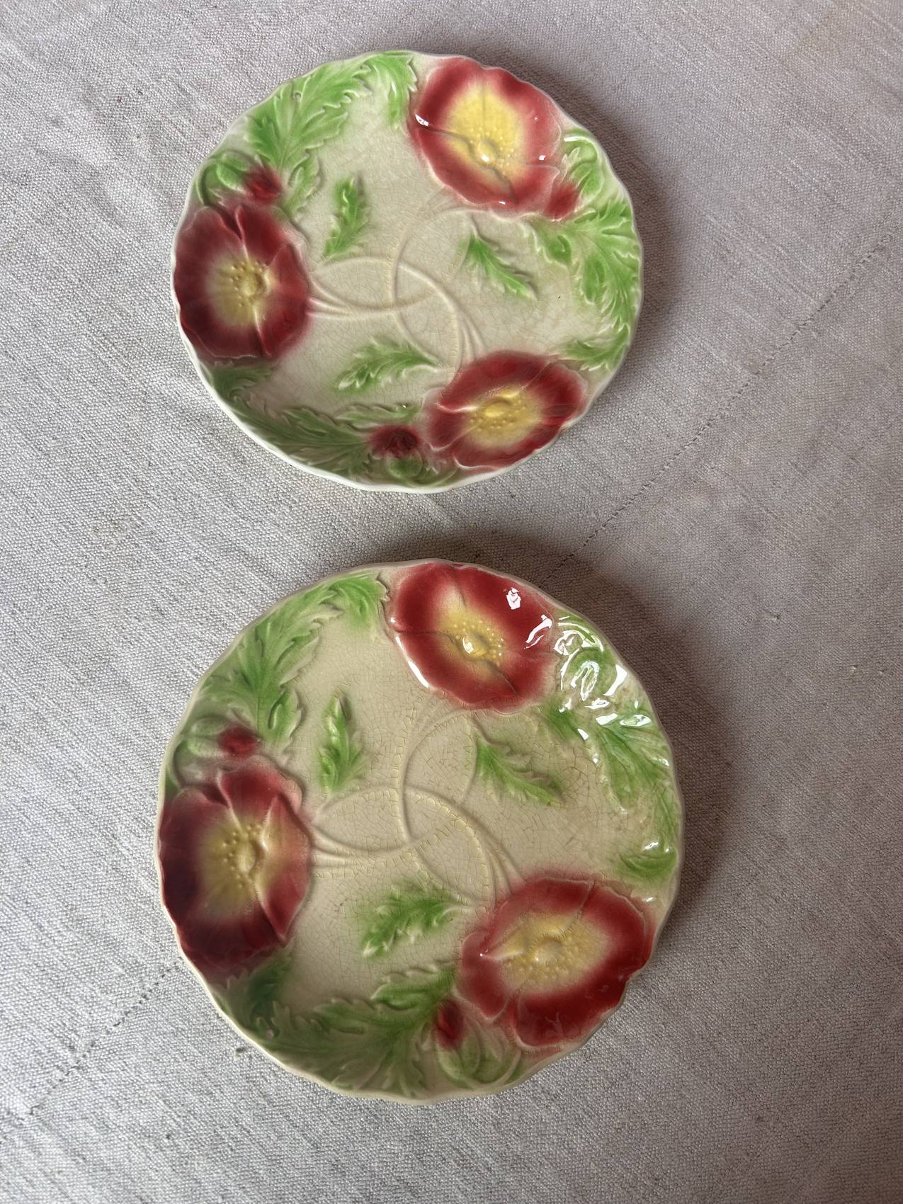 Duo d’assiettes plates en faïence barbotine aux anémones – Époque 1900 – Attribuées à Onnaing – Image 2