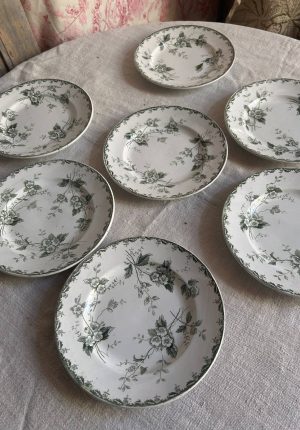 Série de 7 assiettes plates anciennes Rosette – lot de 7 – faïence Terre de fer Epoque 1900 Un air printanier