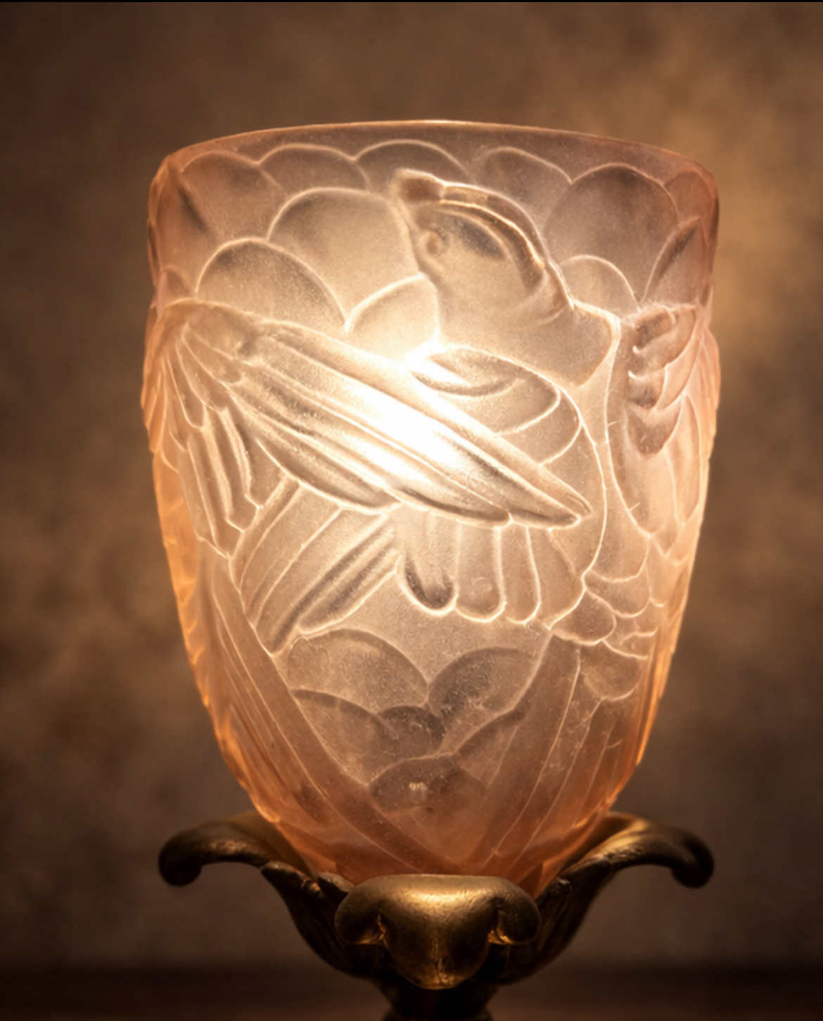 Lampe Époque art déco en bronze et tulipe rose à décor d’oiseaux – Une rareté poétique – Image 4