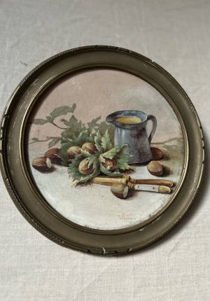 Un tableau ancien nature mortes 1900 – Les Noisettes – Le charme de la simplicité 