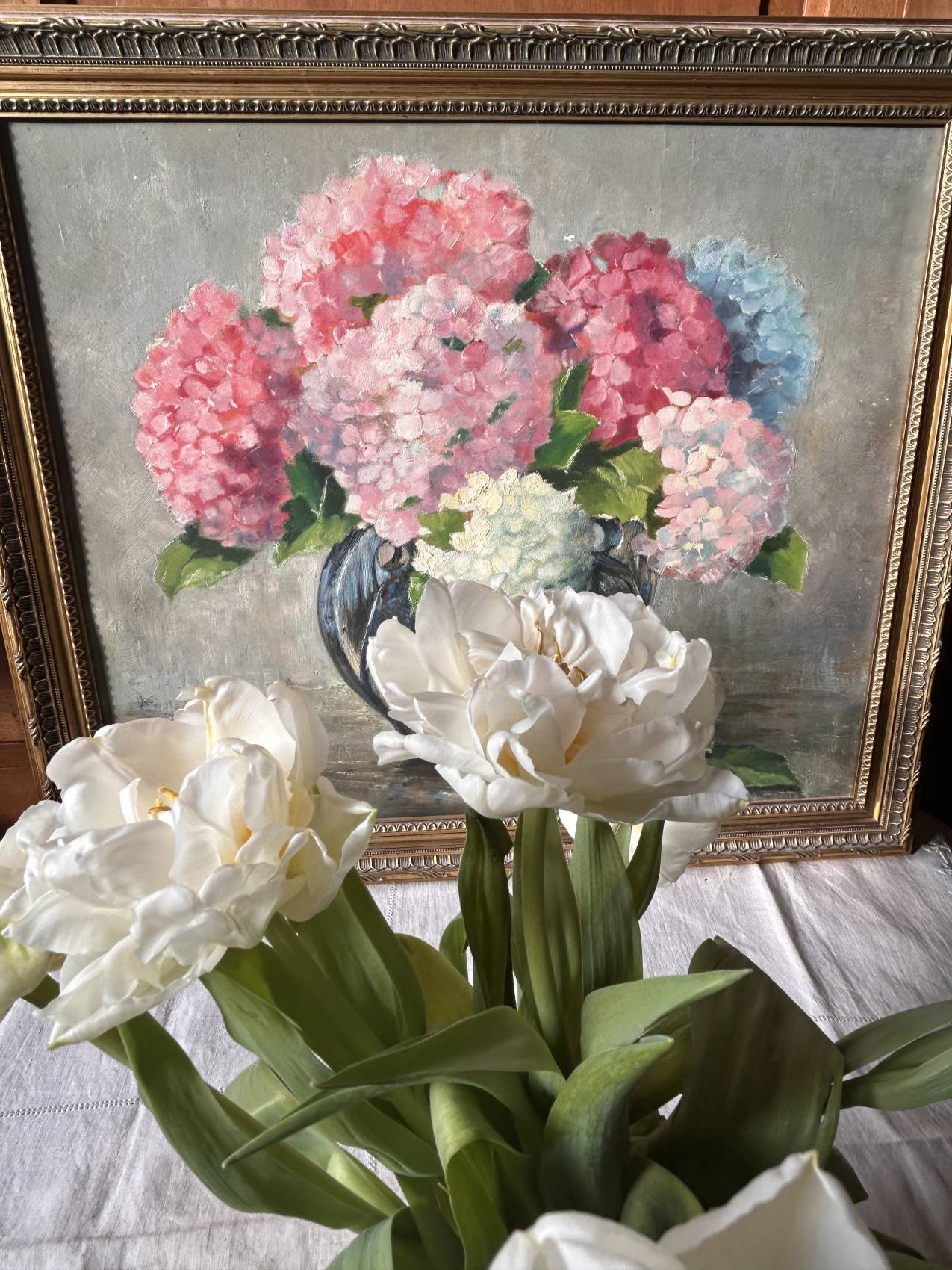 Tableau ancien bouquet d’hortensias – peinture à l’huile sur panneau bois Un souffle de printemps – Image 13