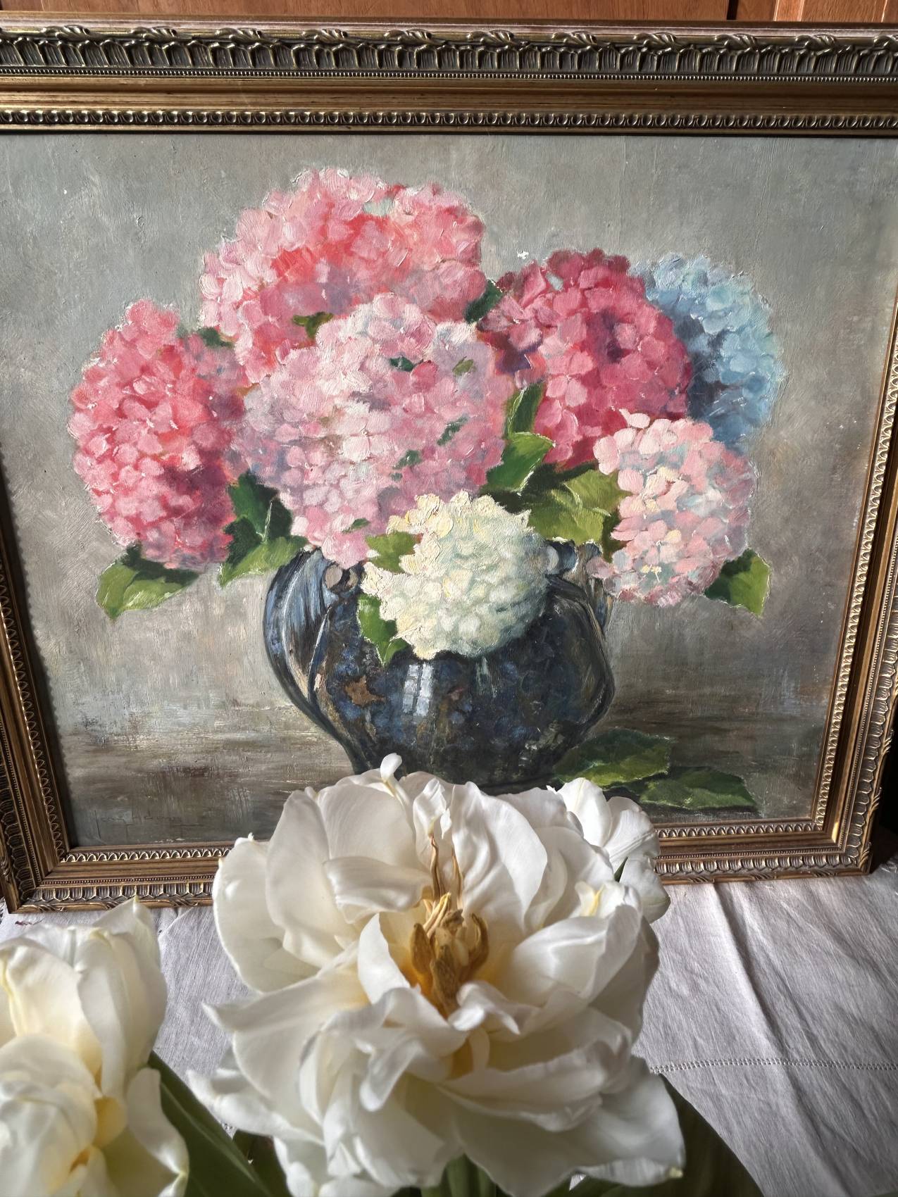 Tableau ancien bouquet d’hortensias – peinture à l’huile sur panneau bois Un souffle de printemps – Image 10