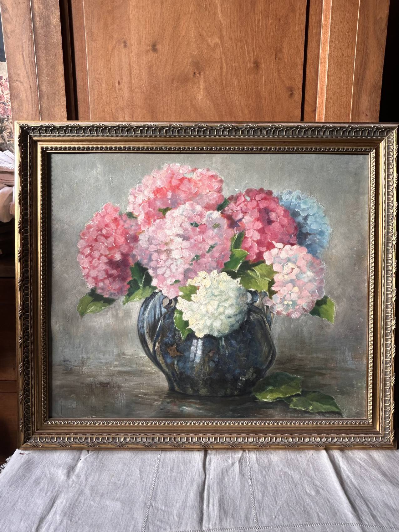 Tableau ancien bouquet d’hortensias – peinture à l’huile sur panneau bois Un souffle de printemps – Image 11